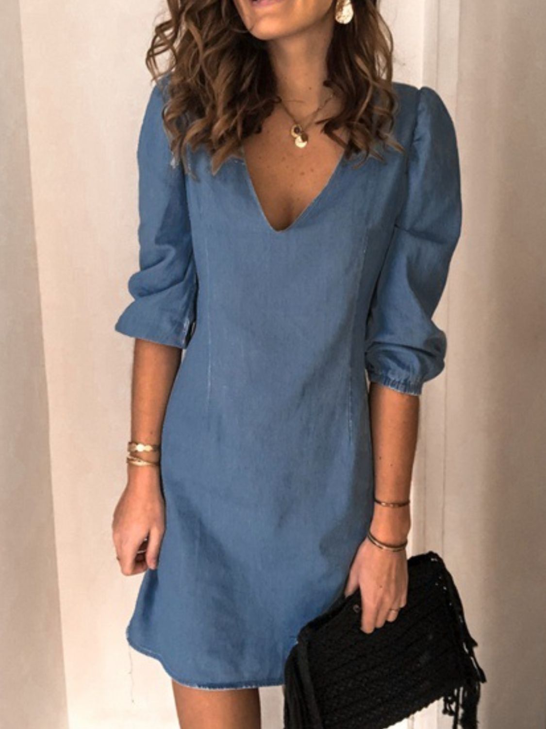 Full Size V-Neck Half Sleeve Dress - blue yonderz