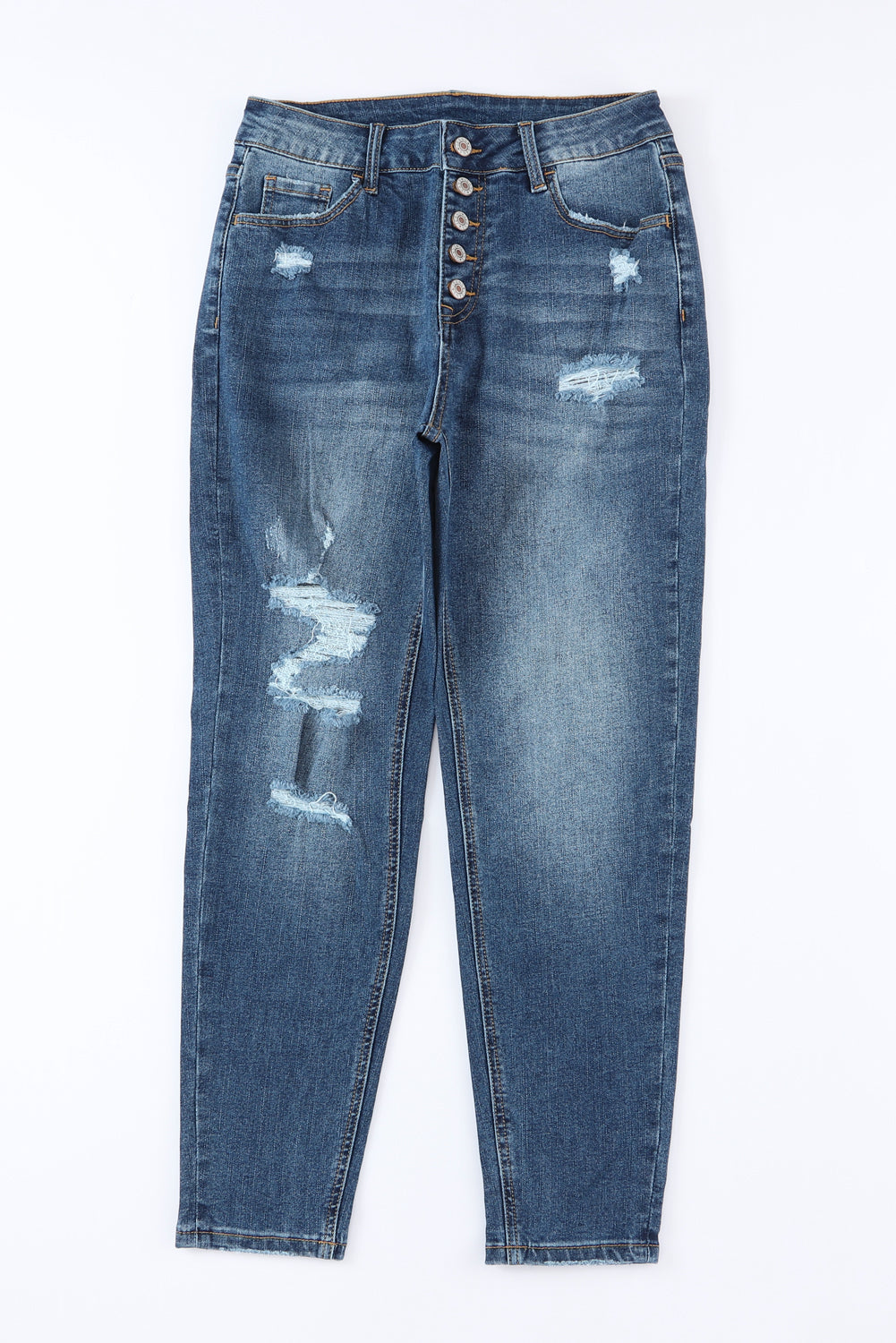 Button-Fly Distressed Jeans with Pockets Trendsi