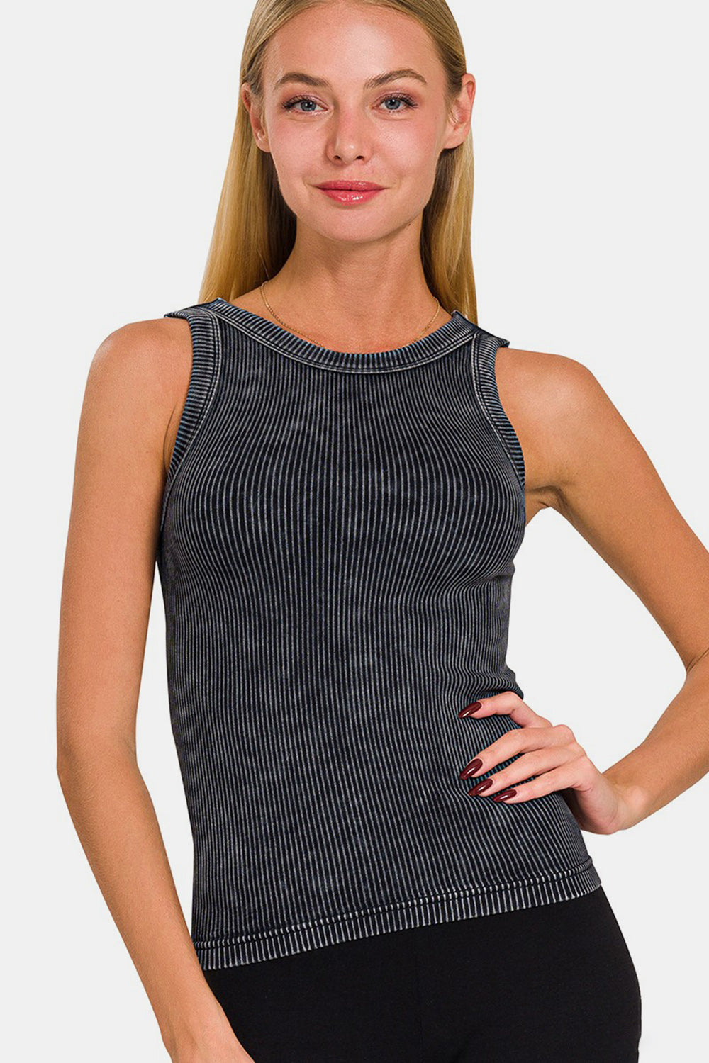 Zenana 2 Way Neckline Washed Ribbed Cropped Tank - bllue yonders