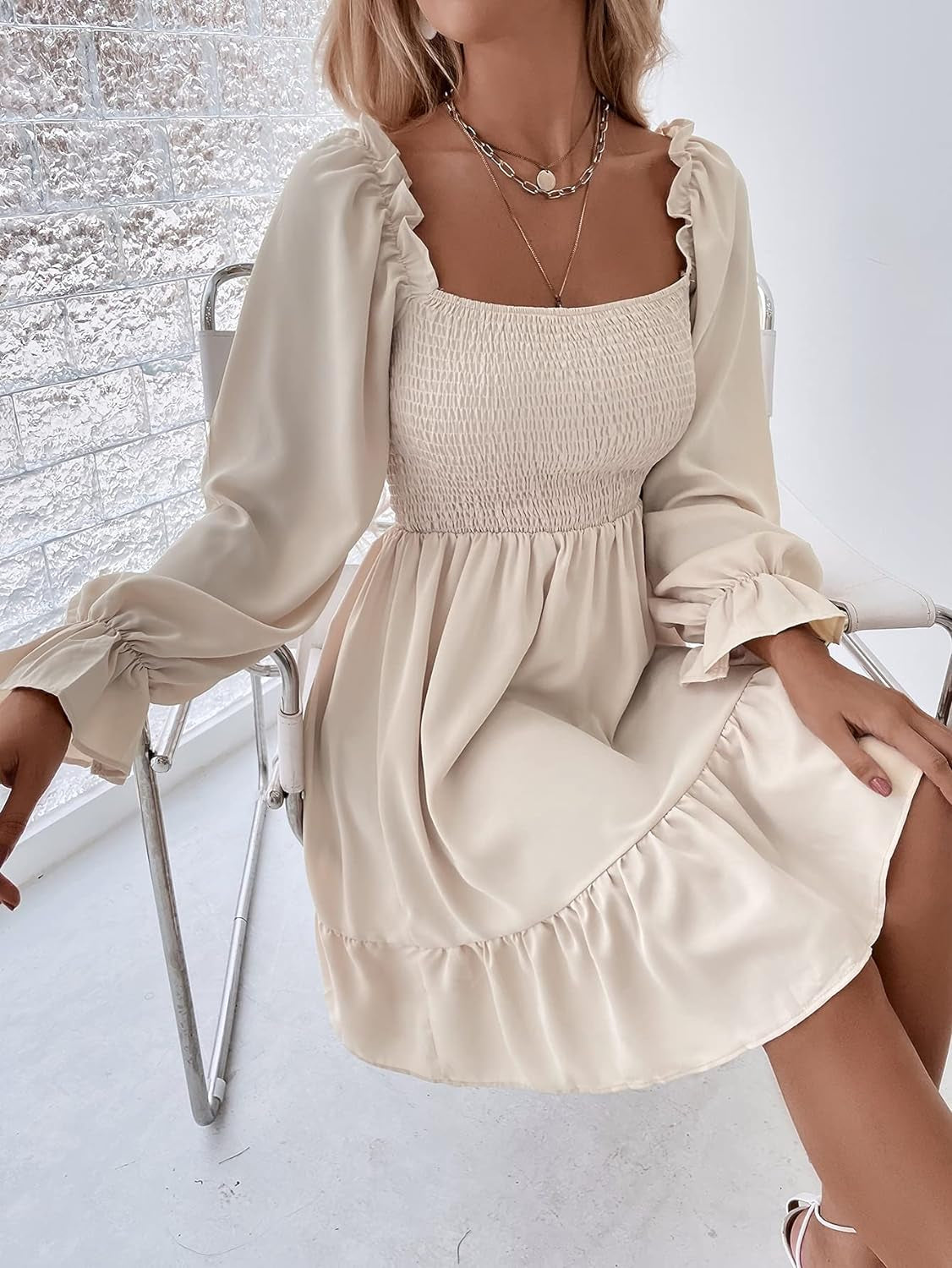 Women'S Shirred Ruffle Long Flounce Sleeve Mini a Line Dress Square Neck High Waist Short Dresses Beige Small