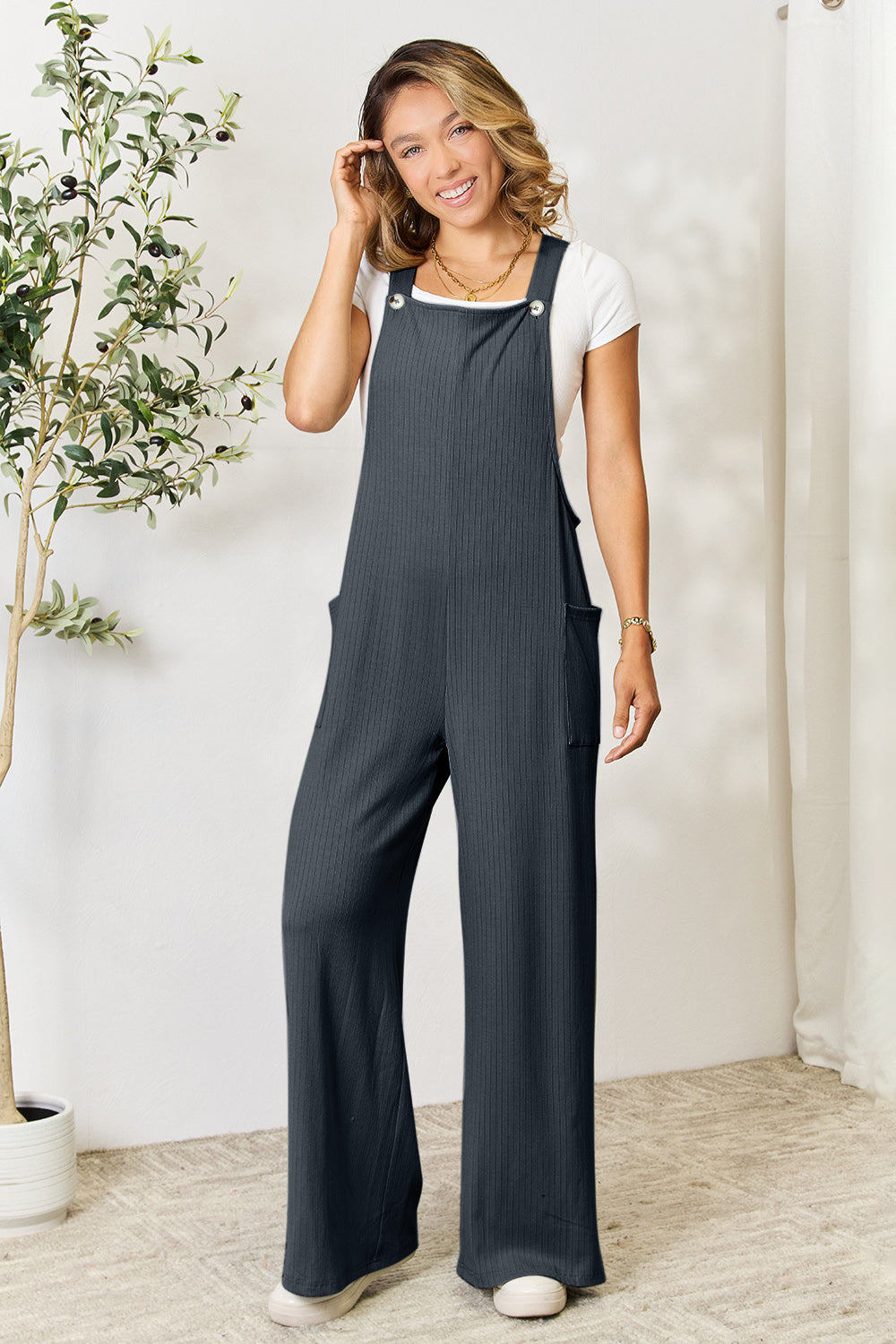 Double Take Full Size Wide Strap Overall with Pockets - bllue yonders