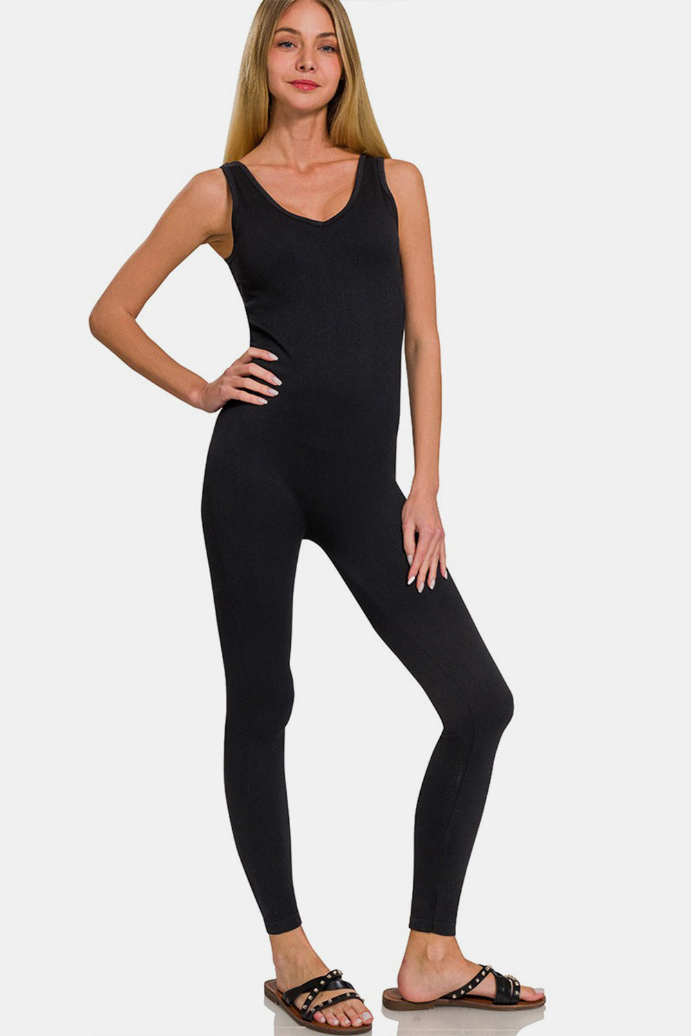 Zenana Ribbed Bra Padded Sports Seamless Jumpsuit - bllue yonders