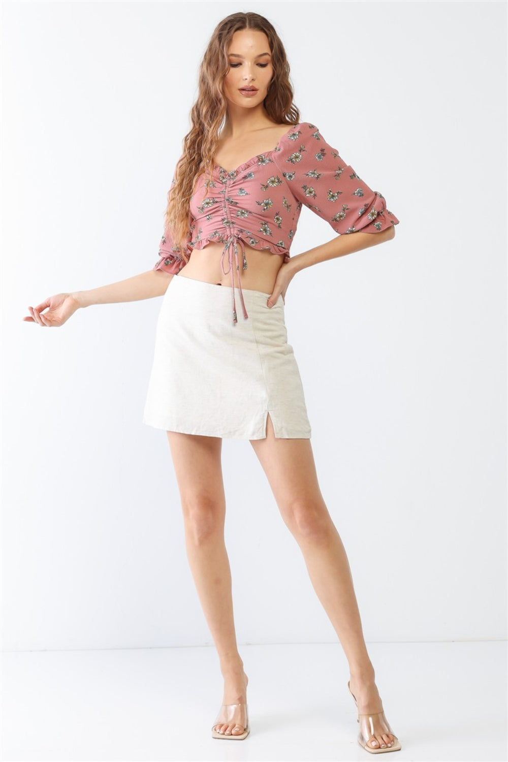 Miss Love / Kevin Co. Floral Ruffle Smocked Back Ruched Crop Top - bllue yonders