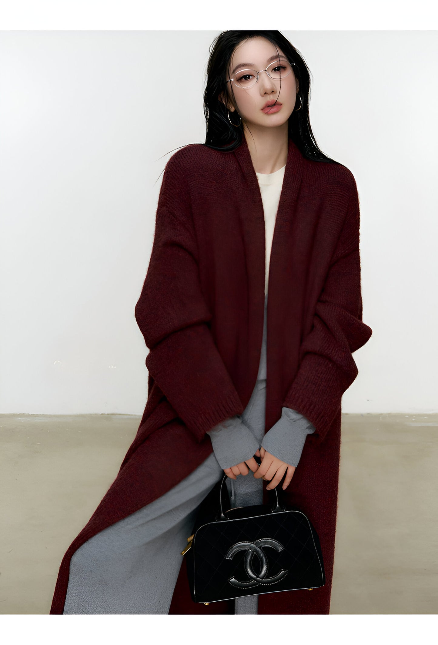 Women's Long Loose Knit Cardigan Coat with Scarf Collar