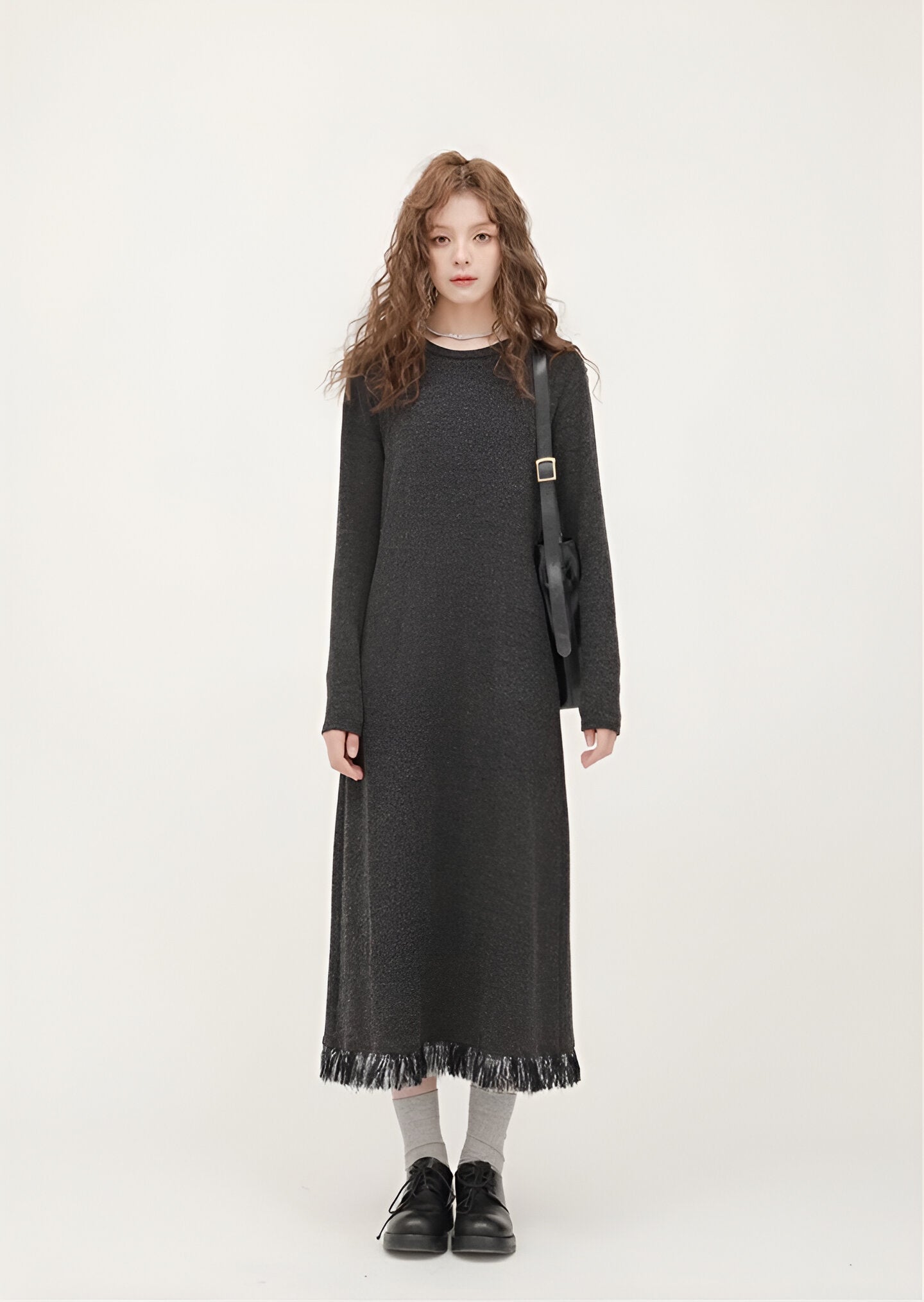 Women's Long-Sleeve A-Line Knit Midi Dress with Fringe Hem