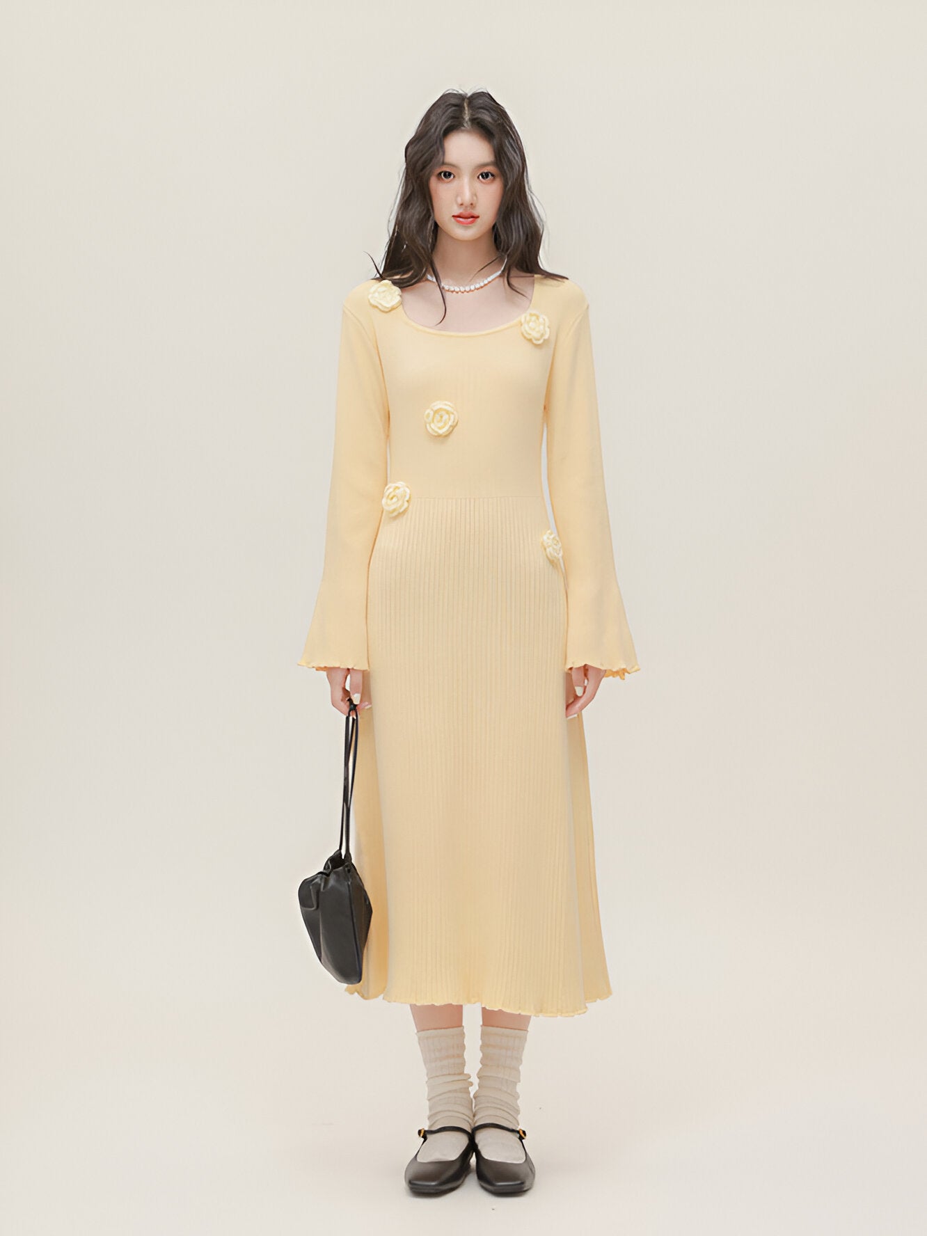 Women's A-Line Long-Sleeve Midi Dress with Floral Embellishments – Yellow Roses