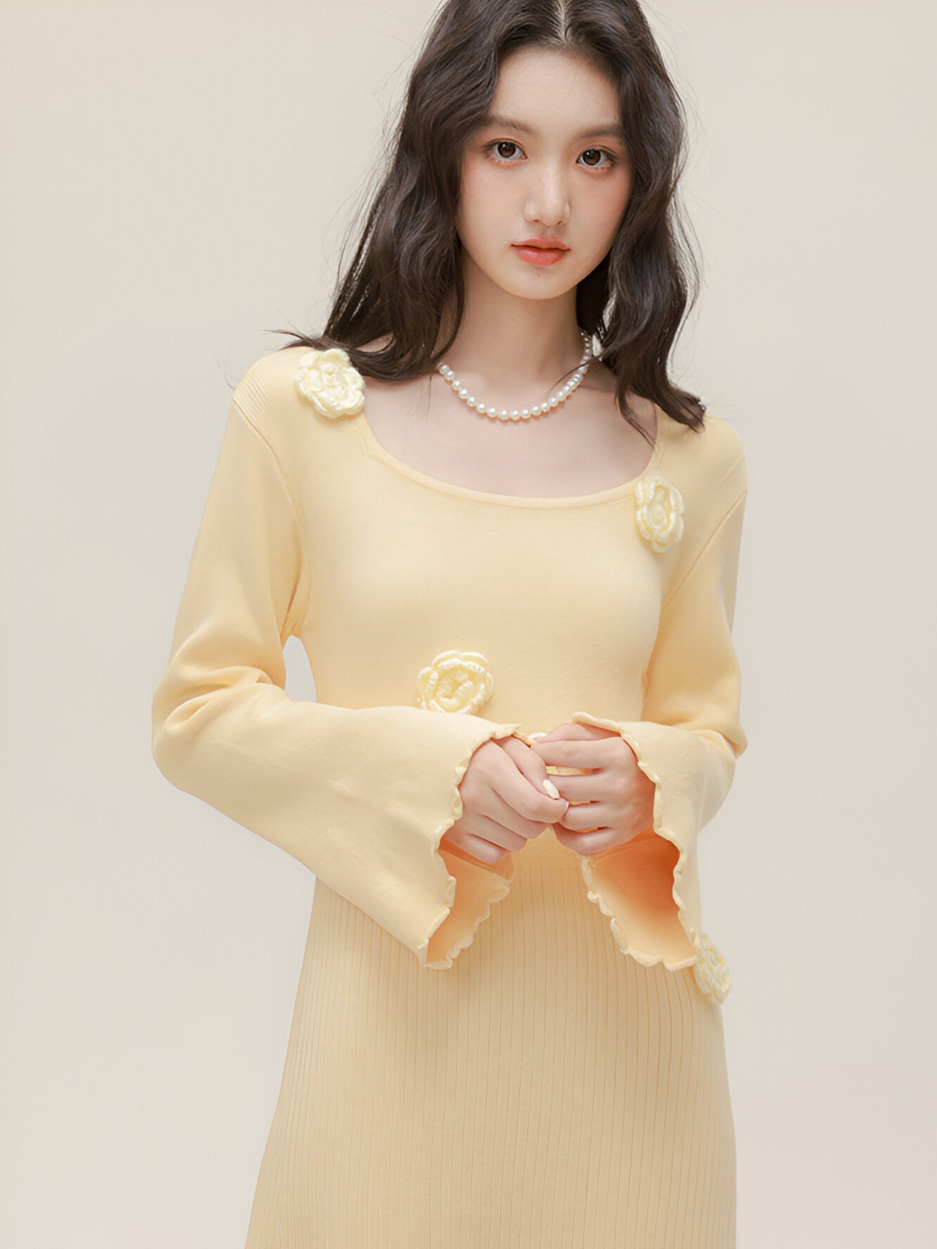 Women's A-Line Long-Sleeve Midi Dress with Floral Embellishments – Yellow Roses