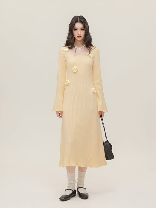 Women's A-Line Long-Sleeve Midi Dress with Floral Embellishments – Yellow Roses