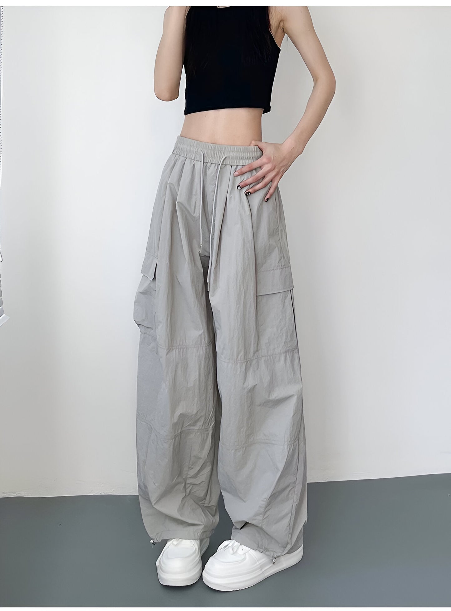 High-Waisted Loose-Fit Nylon Cargo Pants Women