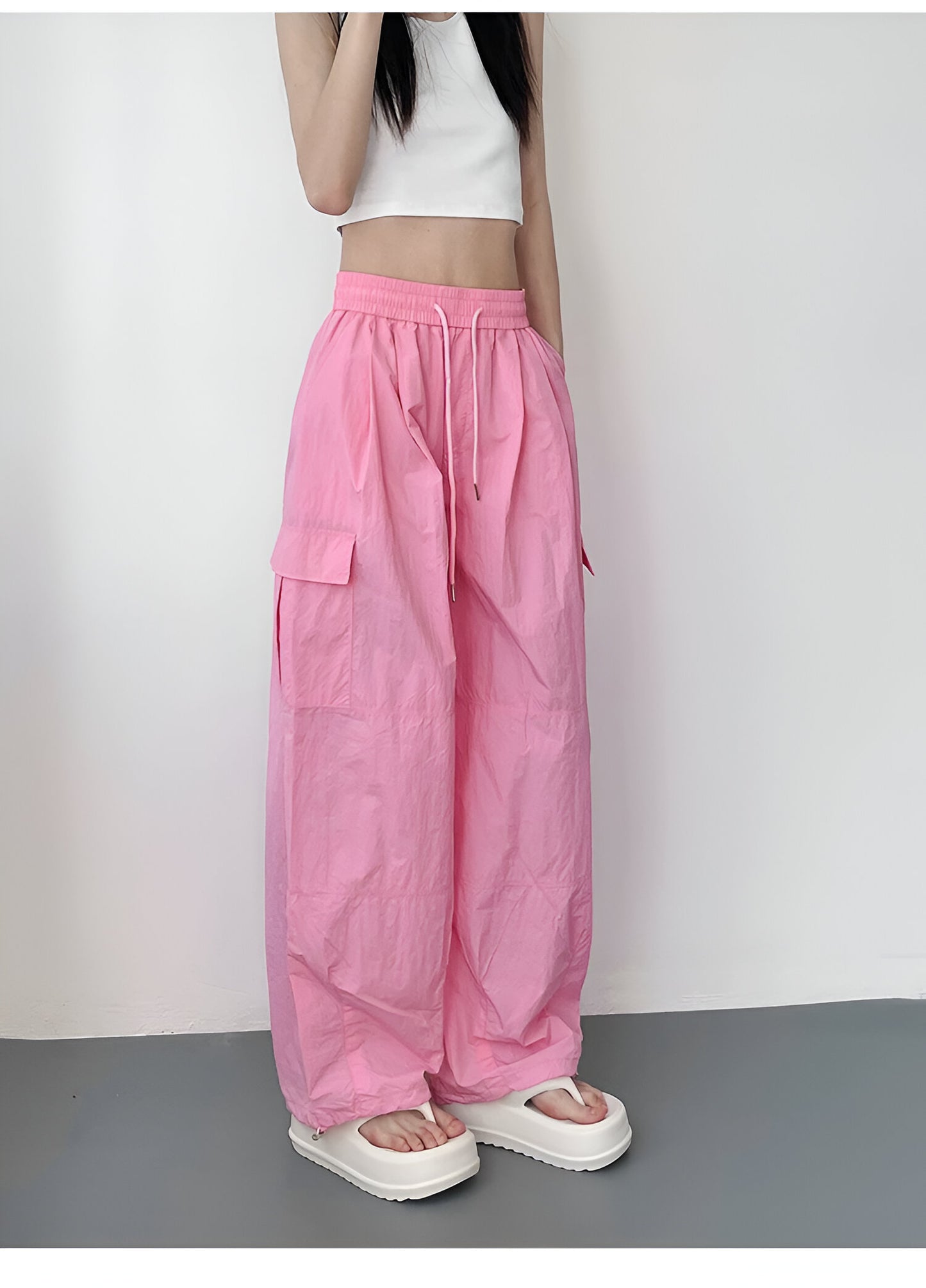 High-Waisted Loose-Fit Nylon Cargo Pants Women