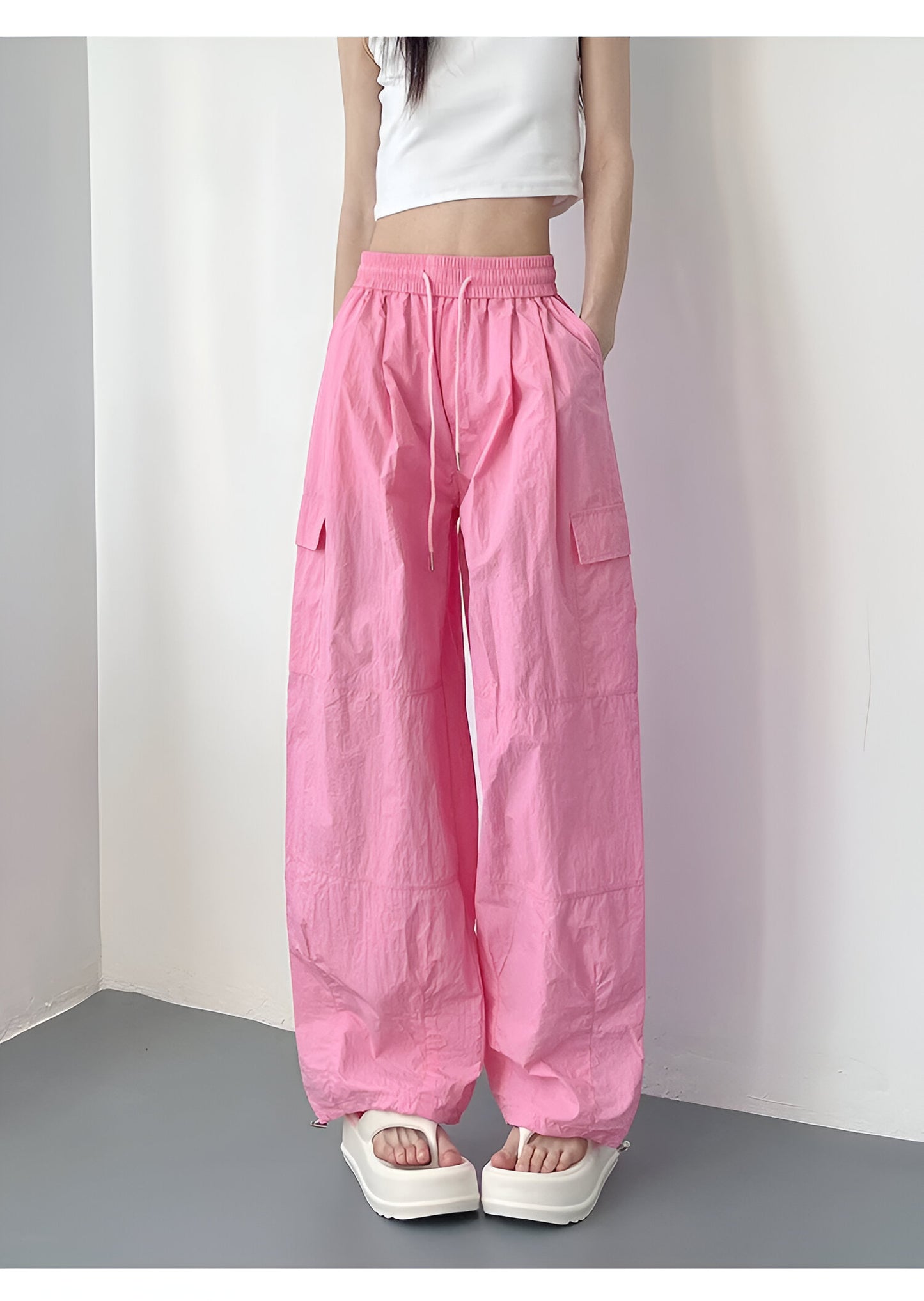 High-Waisted Loose-Fit Nylon Cargo Pants Women