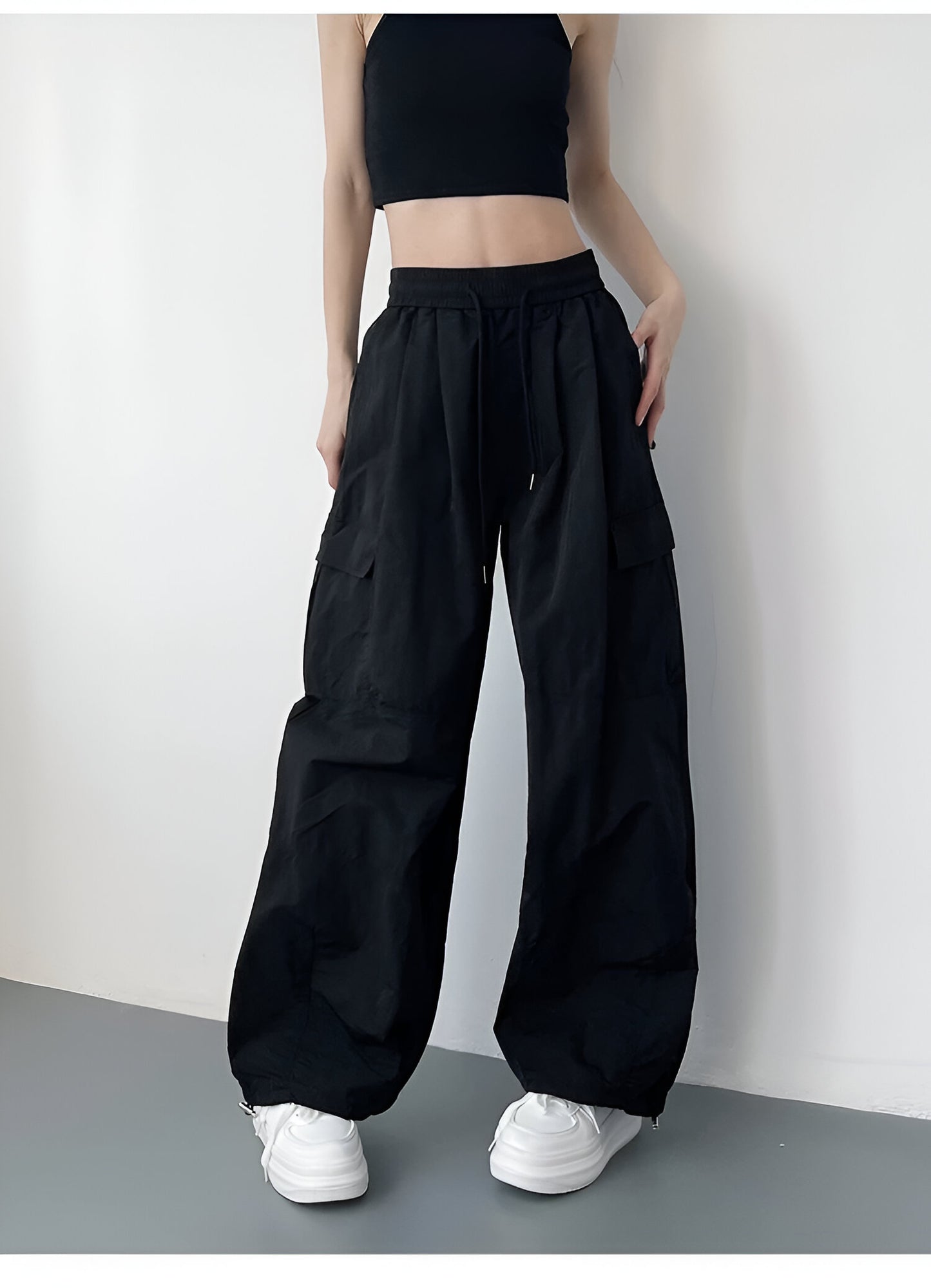 High-Waisted Loose-Fit Nylon Cargo Pants Women