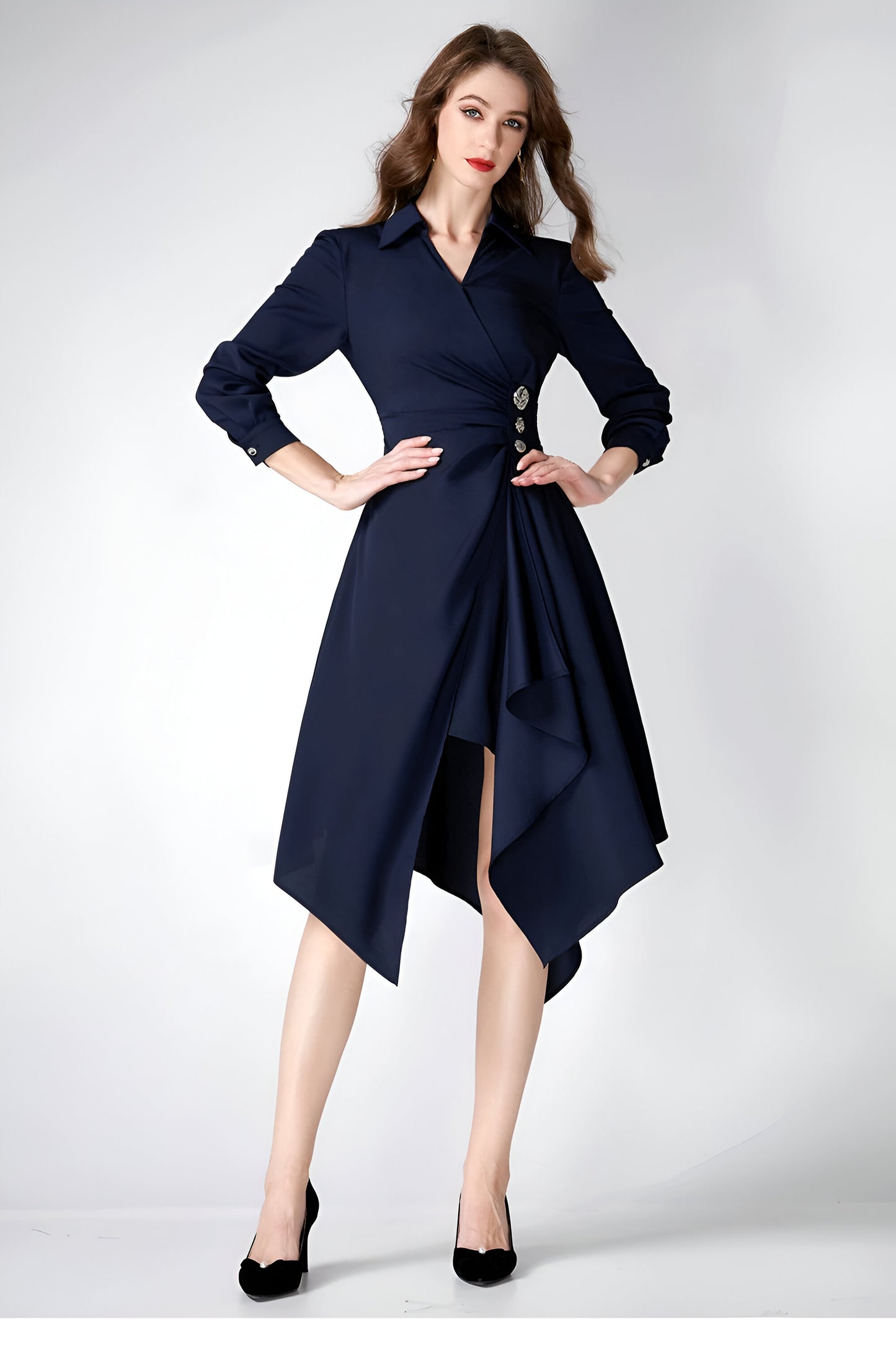 Title: AUI Navy Blue Asymmetric Dress – Tailored Fit with Elegant Button Detail