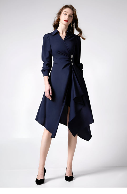 Title: AUI Navy Blue Asymmetric Dress – Tailored Fit with Elegant Button Detail