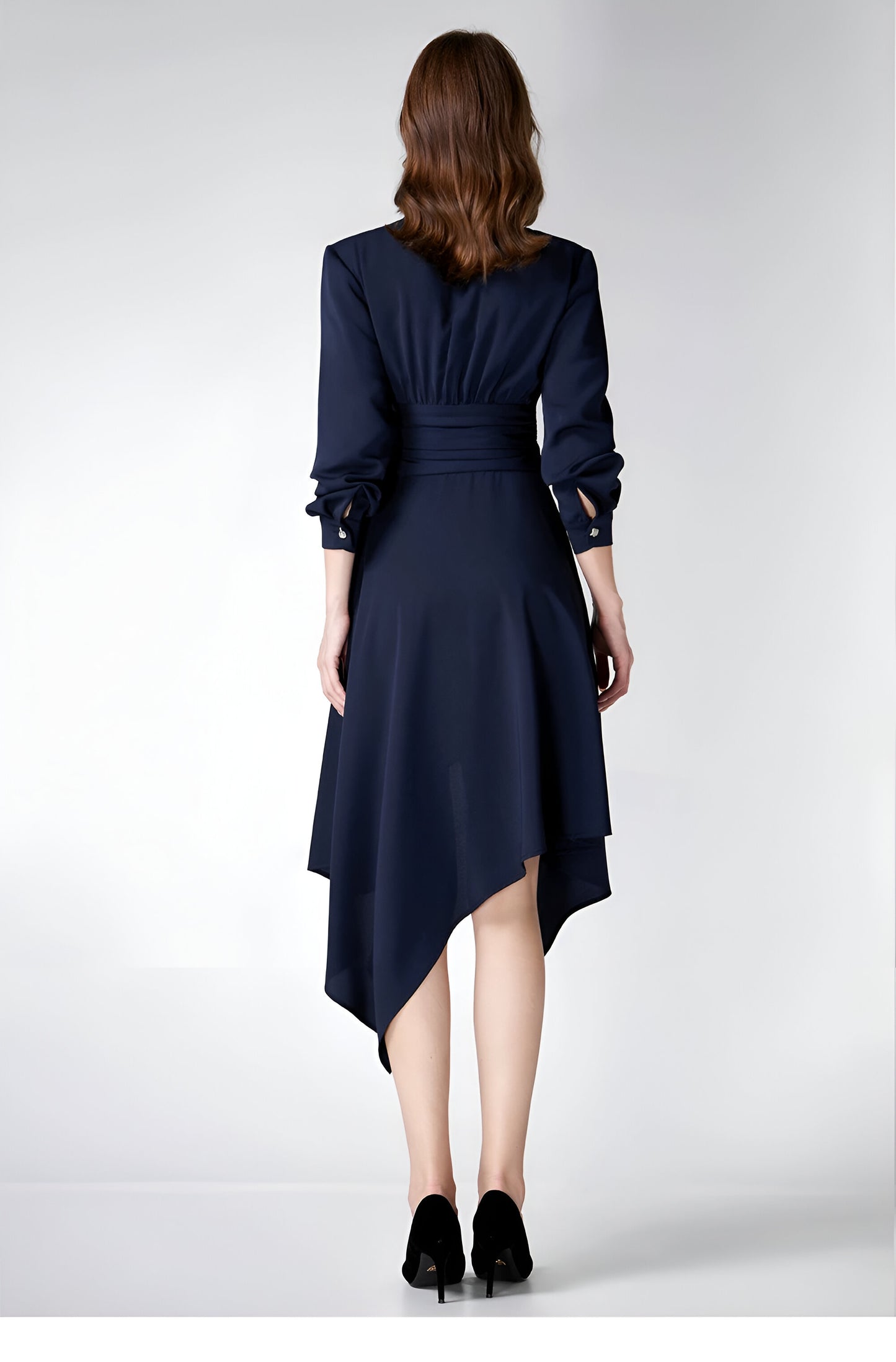 Title: AUI Navy Blue Asymmetric Dress – Tailored Fit with Elegant Button Detail