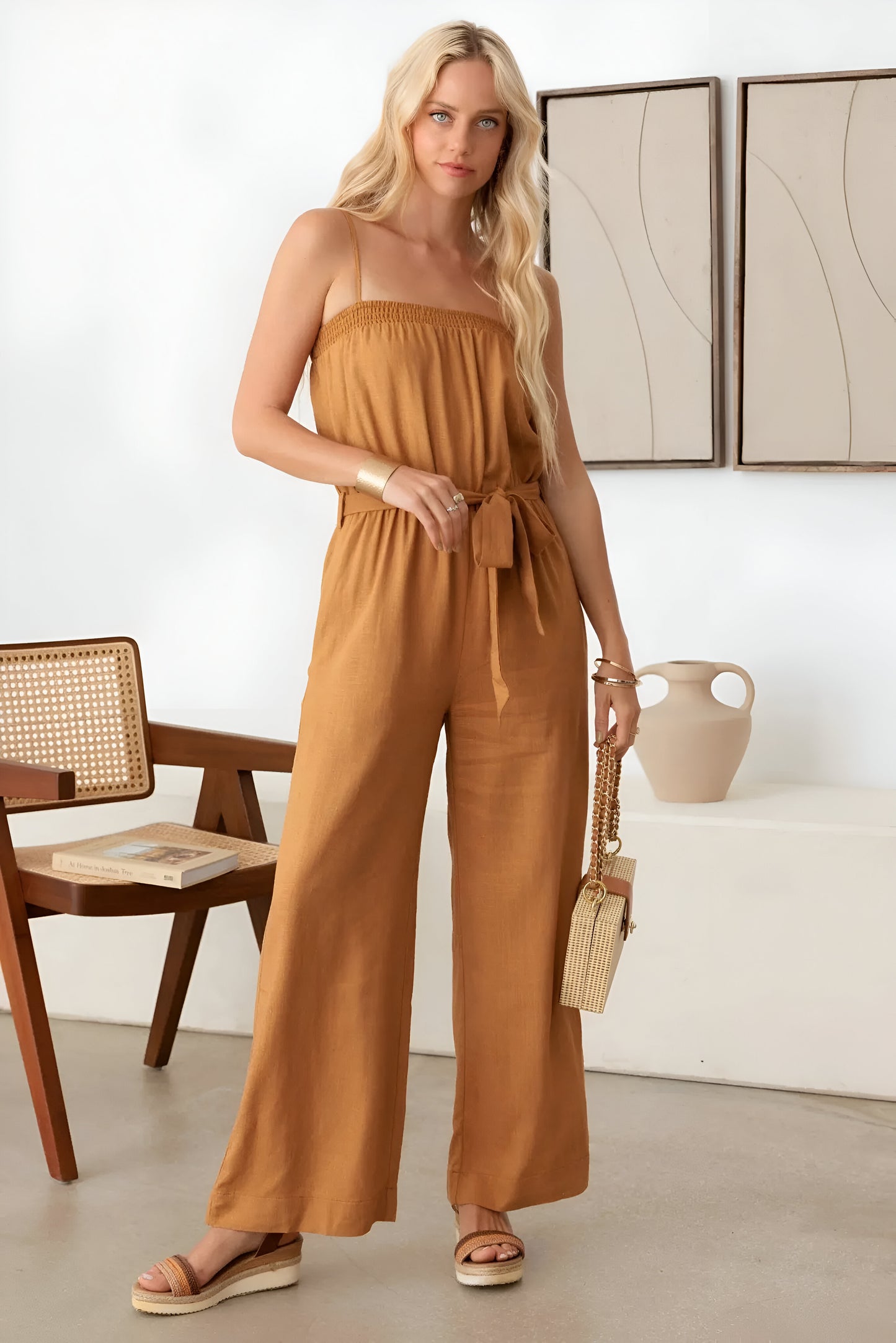 Summer Tie Waist Linen Smocked Neck-Line Jumpsuit for women