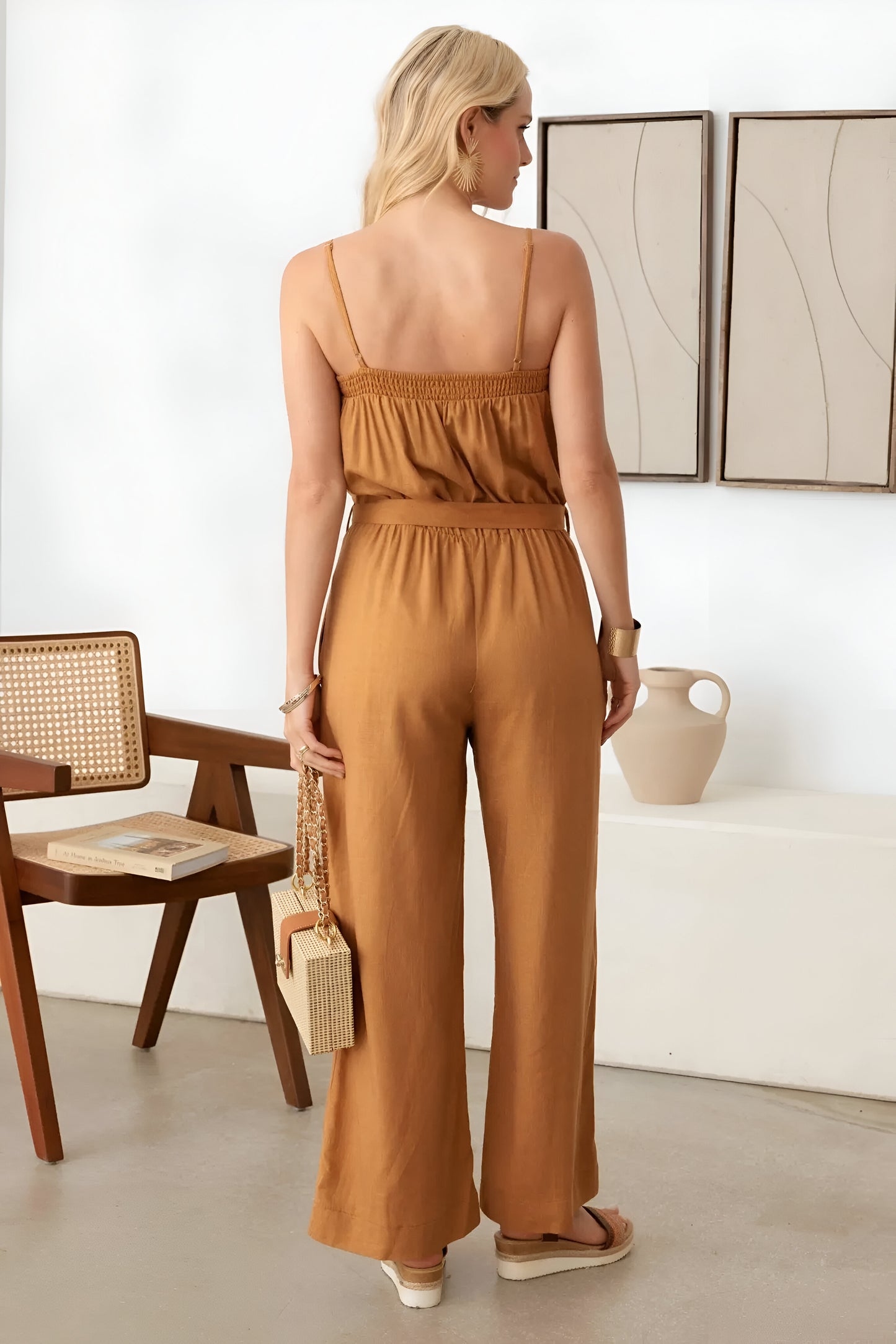 Summer Tie Waist Linen Smocked Neck-Line Jumpsuit for women