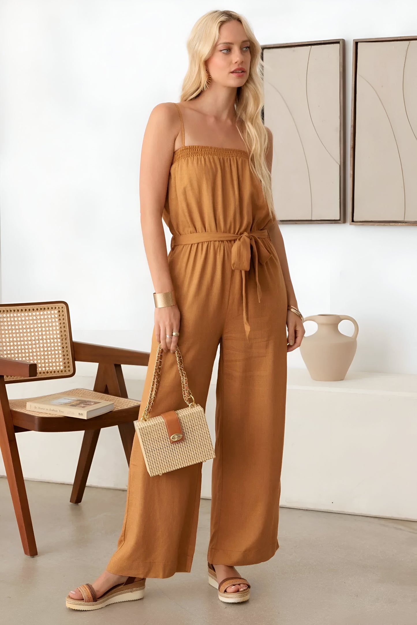 Summer Tie Waist Linen Smocked Neck-Line Jumpsuit for women