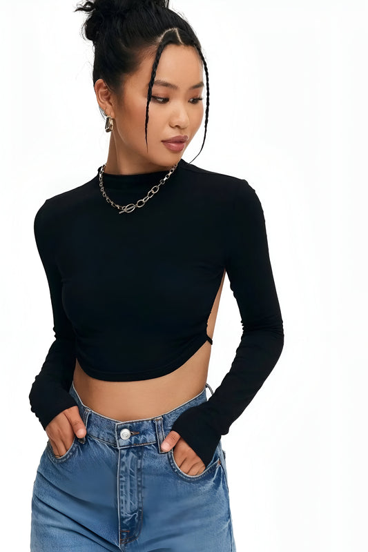 Crop Top Solid Tie Backless Curved Hem