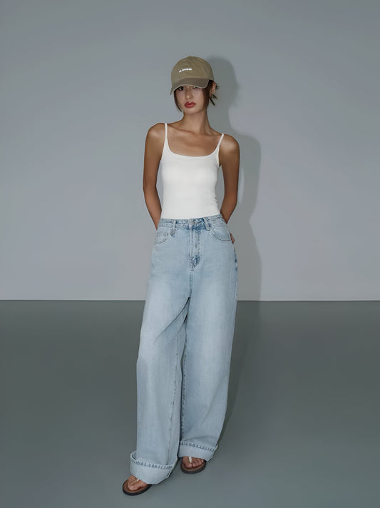 Women Loose Straight Wide-Leg light blue jeans